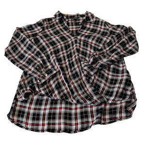 ROCK & REPUBLIC Women's Plaid Blouse Sz L Black Bubble Hem Drape Front Sparkly